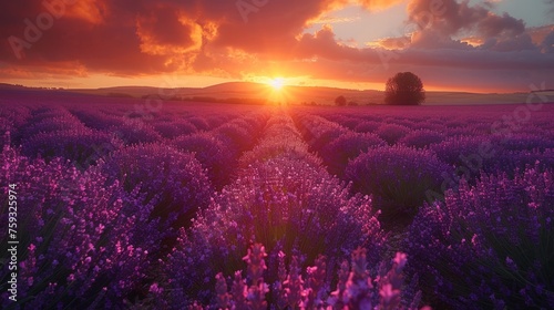Endless lavender under fiery sunset, calming beauty, rich color contrast, AI Generative