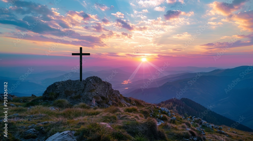 silhouette of the cross, surrounded by a beautiful sky with twilight generative ai