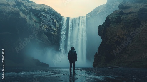 lone figure stands before Skogafoss, awe-inspiring natural wonder of Iceland, AI Generative © sorapop