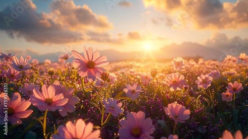 Majestic spring dawn, fields covered in dew-kissed flowers, renewal and growth, serene and peaceful, AI Generative