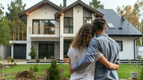 photo of young couple from behind standing in front of new home, summer - Husband and wife buying new house. Real estate concept, AI Generative photo