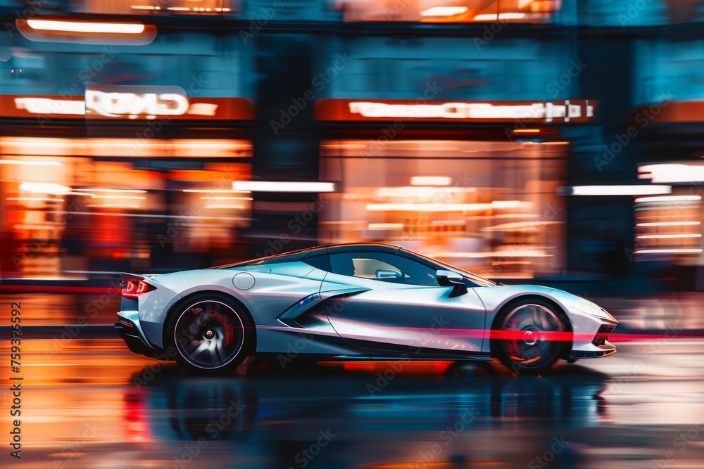 A sleek sports car speeding down a city street at dusk with blurred lights.