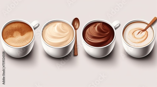 A detailed depiction showing four types of coffees in white cups with spoons on a unified background