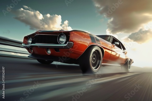 Low angle shot of muscle car revving engine power and aggression evident. photo