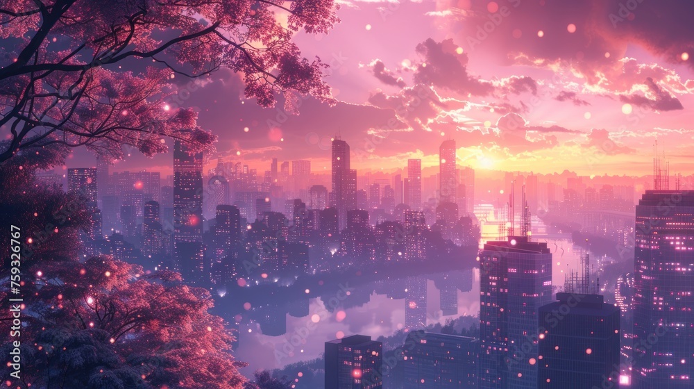 Digital artwork of a futuristic city skyline with cherry blossoms framing a glowing sunset, creating a dreamlike atmosphere.