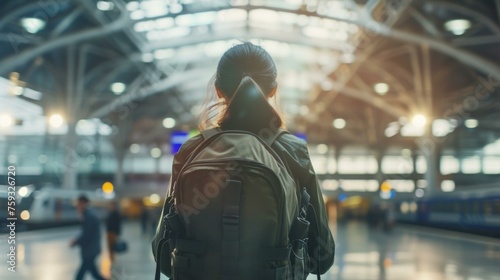 Young woman with backpack on his back waiting at airport or large train station, AI Generative