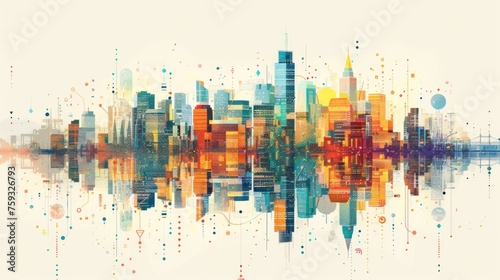 A colorful abstract representation of a city skyline and its reflection, created with geometric shapes and digital textures.