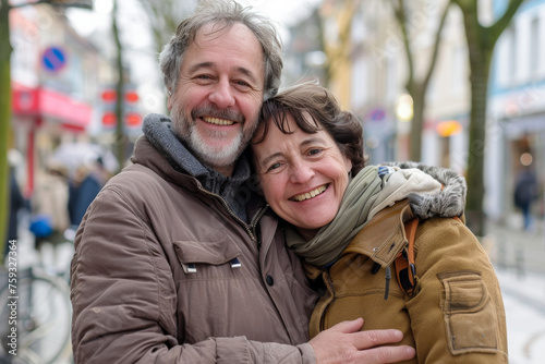 A man and a woman are hugging and smiling for the camera