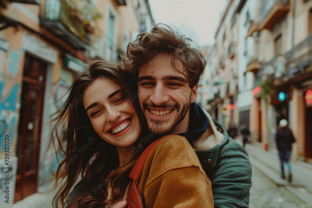 A man and a woman are hugging and smiling for the camera A man and a woman are hugging and smiling for the camera