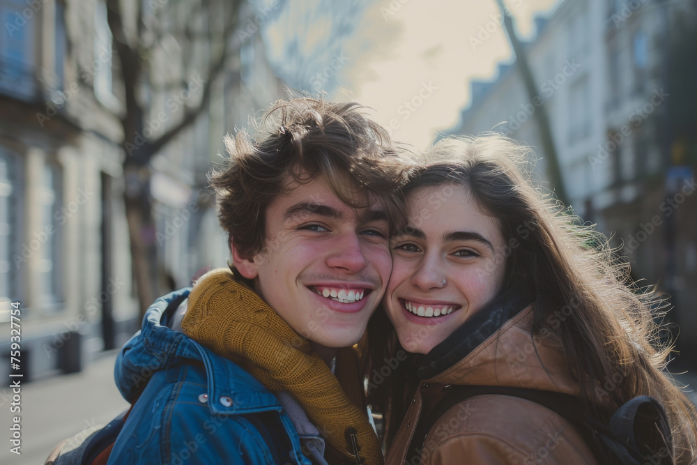 A boy and a girl are smiling for the camera A boy and a girl are smiling for the camera