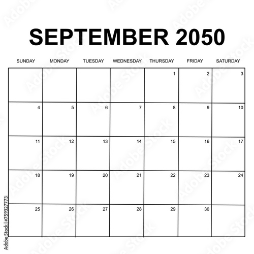 september 2050. monthly calendar design. week starts on sunday. printable, simple, and clean vector design isolated on white background.