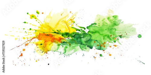 Vibrant watercolor splashes in refreshing green and sunny yellow tones dance across pristine white, infusing the canvas with a lively and invigorating ambiance in art. © BackgroundWorld
