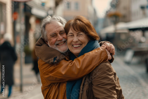 A man and woman hugging each other and smiling for the camera