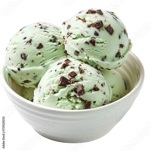 Mint chocolate chip ice cream in bowl on white transparent background
