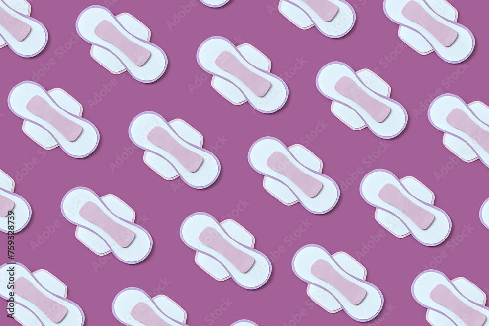 Seamless pattern of papercraft sanitary pads on violet background Seamless pattern of papercraft sanitary pads on violet background