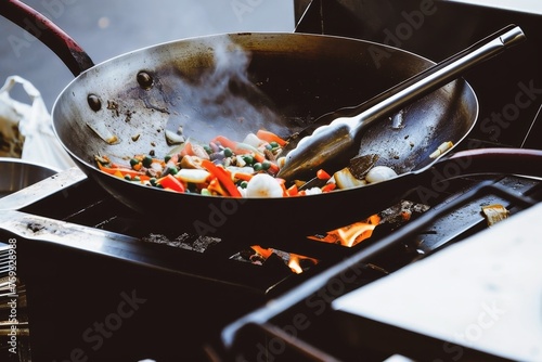 View into a wok during cooking. photo