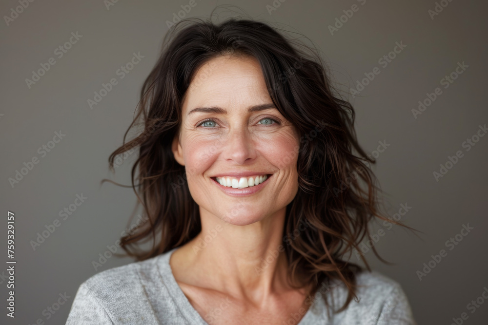 A woman with dark hair and blue eyes smiles for the camera A woman with dark hair and blue eyes smiles for the camera