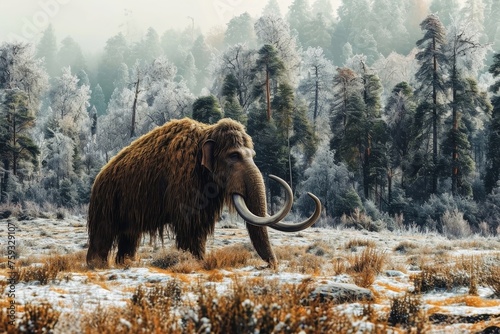 A mammoth grazes in the wilderness.