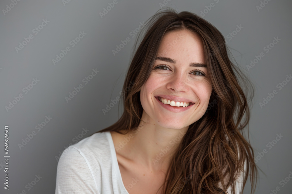 A woman with long brown hair is smiling and wearing a white shirt A woman with long brown hair is smiling and wearing a white shirt