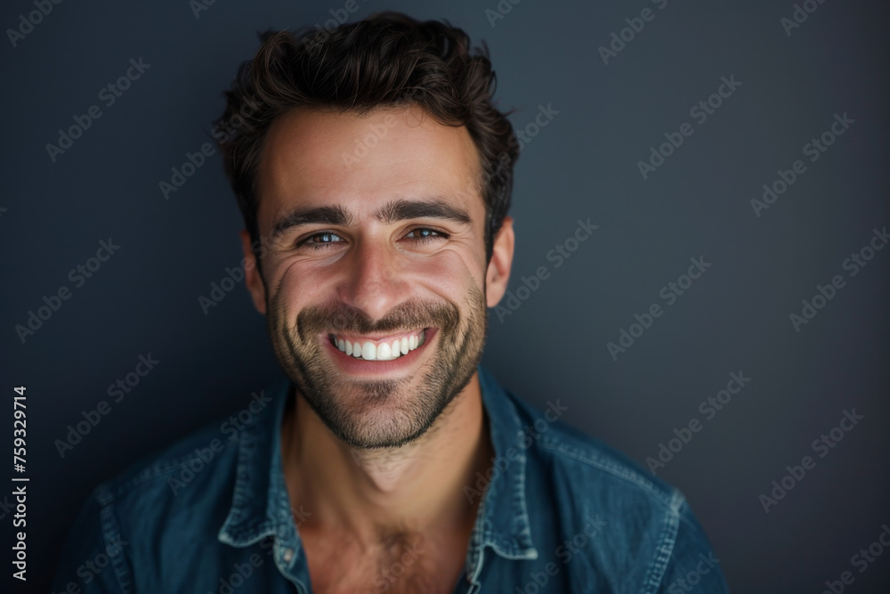 A man with a beard is smiling and wearing a blue shirt