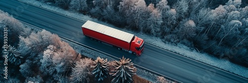 Aerial drone view of car and truck on highway road with spacious area for text placement