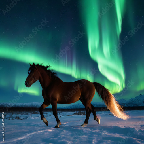 Wild brown horse gallops freely across snowy mountains  fields  and meadows
