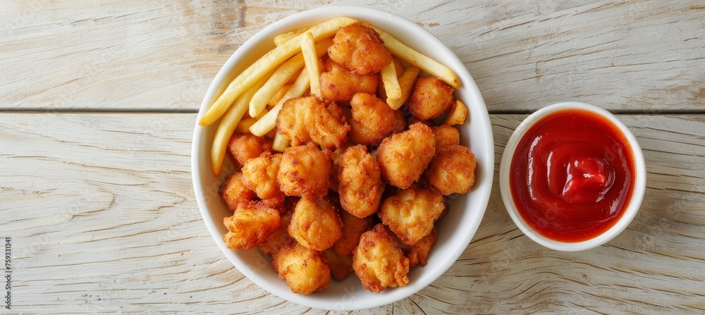 Top view of traditional chicken nuggets and french fries on wooden table with copy space Top view of traditional chicken nuggets and french fries on wooden table with copy space