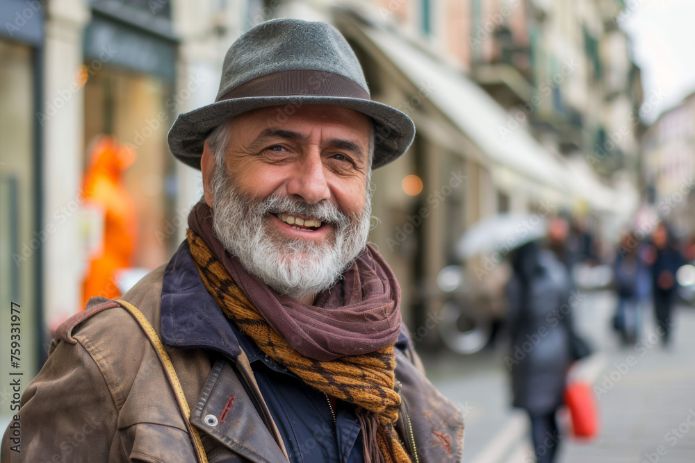 A man wearing a hat and scarf smiles for the camera