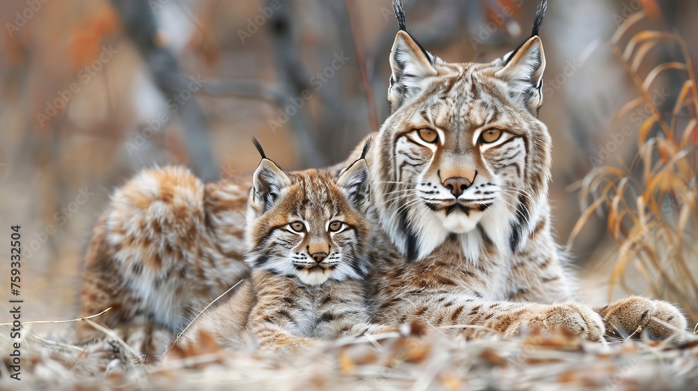 Fototapeta premium Portrait of male lynx and cub with spacious text area, object positioned on the right side