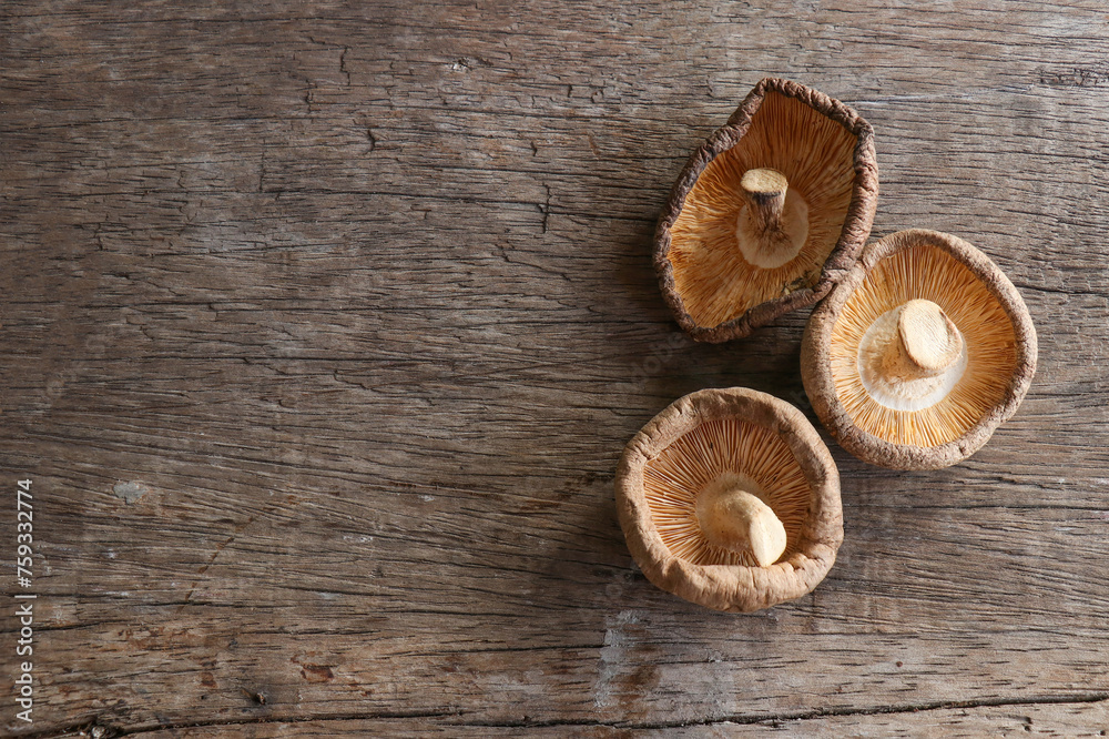 Shiitake mushroom on wooden table Shiitake mushroom on wooden table