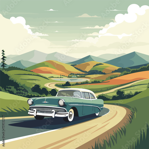 A vintage car illustration with a classic countryside