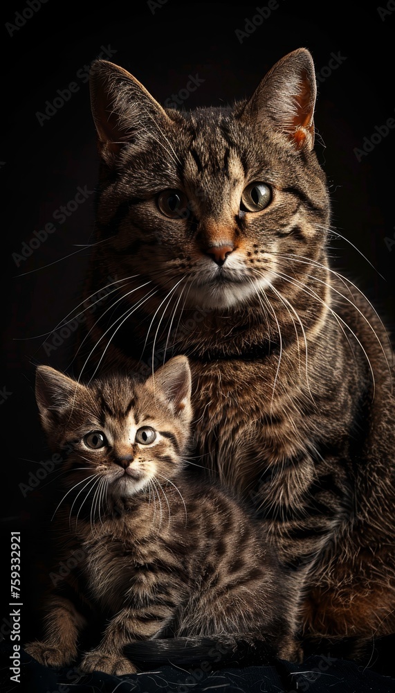 Male bornean bay cat and kitten portrait with object, space for text on left side