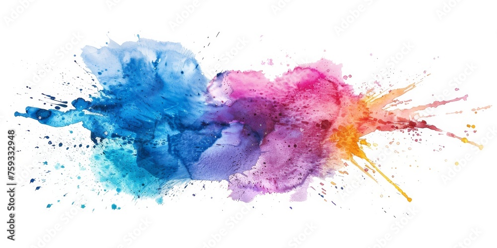 Dynamic watercolor splash in blue, pink, and yellow, resembling an abstract expressionist painting on a pure white background. - obrazy, fototapety, plakaty 