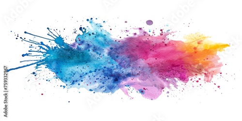 Dynamic watercolor splash in blue, pink, and yellow, resembling an abstract expressionist painting on a pure white background.