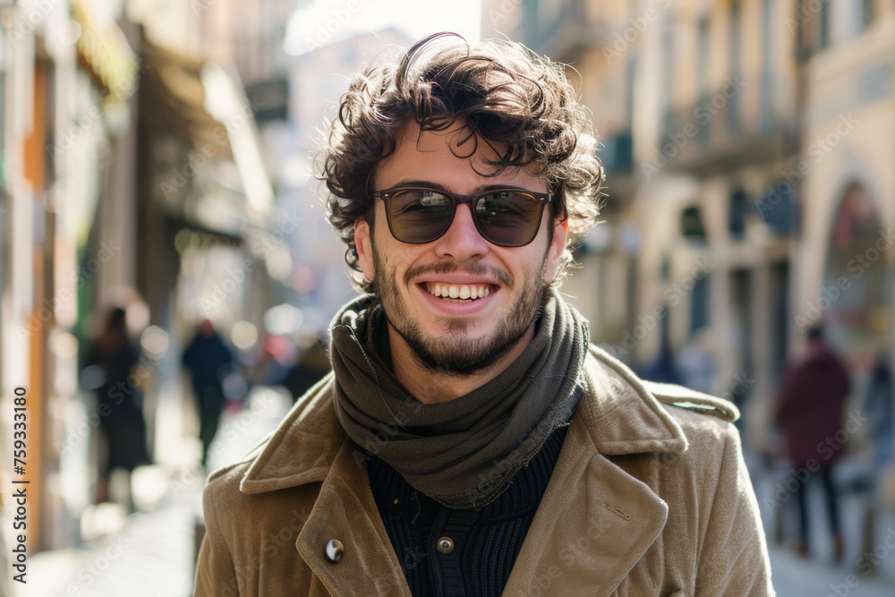 A man wearing sunglasses and a scarf smiles for the camera A man wearing sunglasses and a scarf smiles for the camera