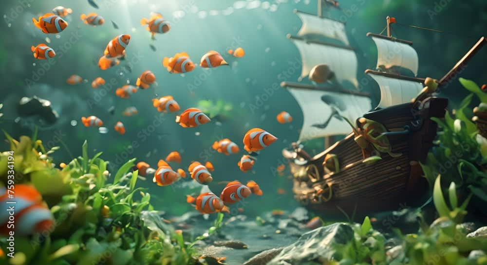 A pirate ship underwater with fish crew, cartoon 3D A pirate ship underwater with fish crew, cartoon 3D