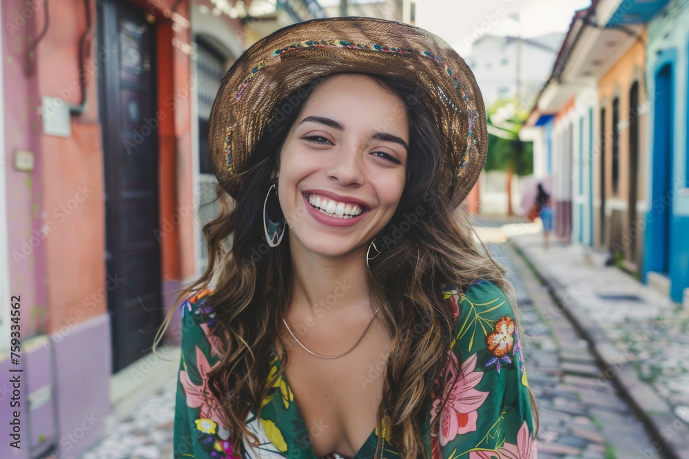 Fototapeta premium A woman wearing a hat and earrings smiles for the camera