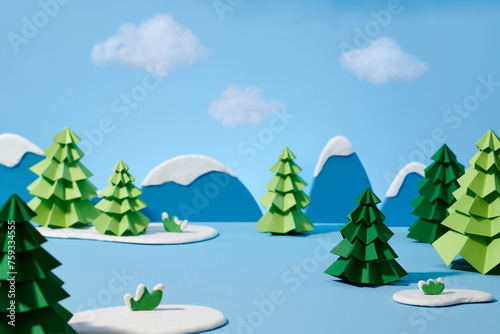 Winter scenery landscape with snowy mountains and pines trees photo