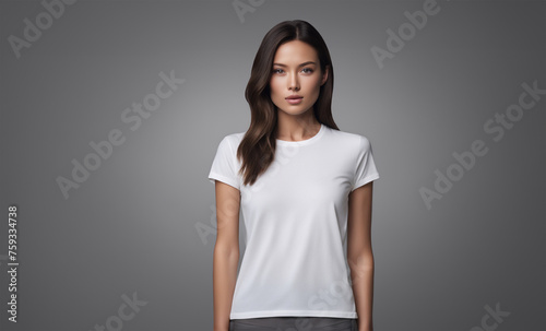 A female fashion model wearing a blank white t-shirt in front of a gray background. - Generative AI