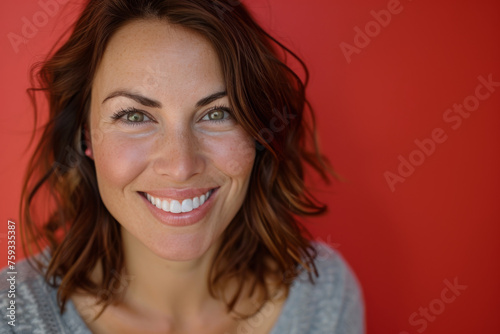A woman is smiling in front of a red background