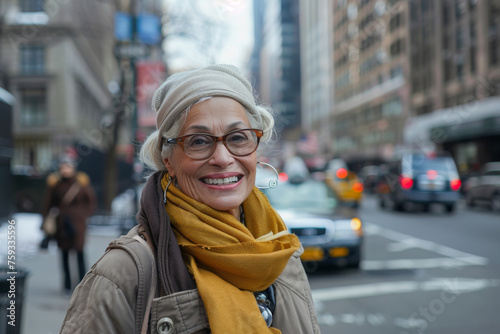 A woman wearing glasses and a yellow scarf smiles for the camera