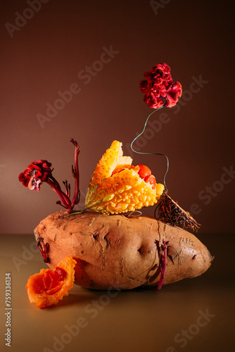 Art still life with sweet potatoes. photo