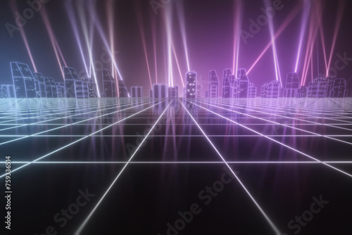 Abstract purple city in retro cyberspace photo