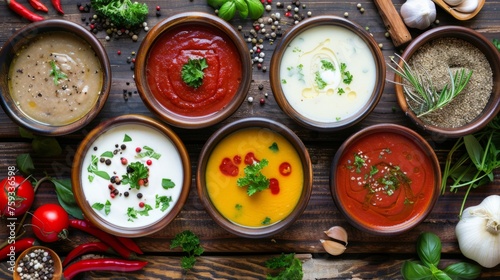homemade sauces in bowls, on wooden table, homemade food concept generative ai