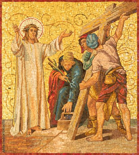 MILAN, ITALY - MARCH 4, 2024: The mosaic  Jesus carries his cross  as part of Cross way station in the church Chiesa di San Agostino by unknown artist of 20. cent.
