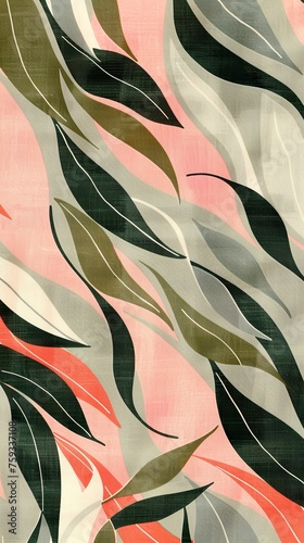 An elegant abstract background in leaf style organic curves graphic pattern in sage green palette. Illustration of green, pink and gray leaves in serene style.
