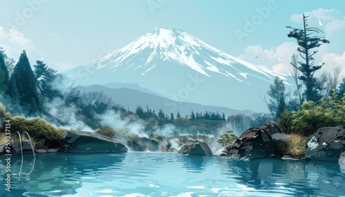 Tranquil Hot Springs With Mount Fuji in the Background
