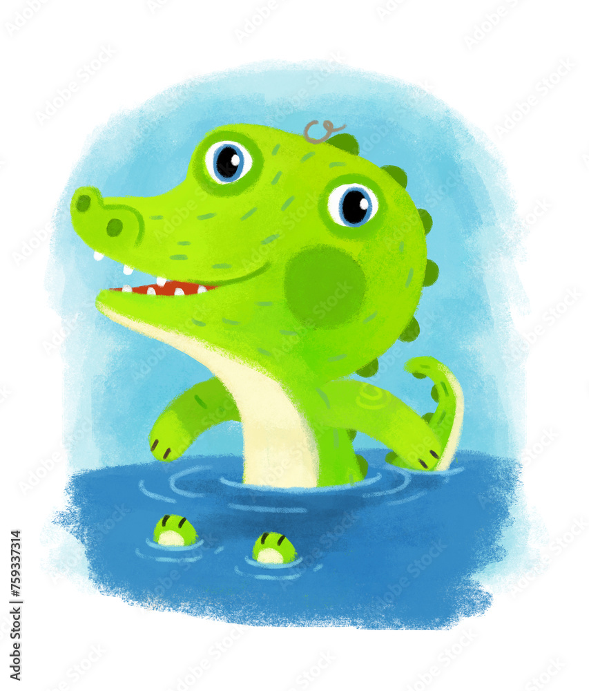 Obraz premium cartoon scene with wild animal alligator crocodile doing things like human on white background illustration for children
