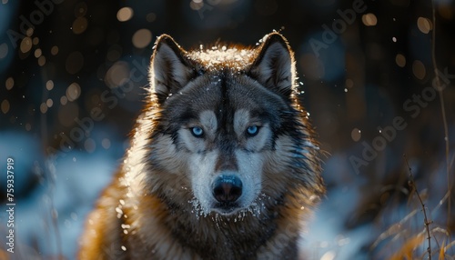 angry husky face with snow winter background