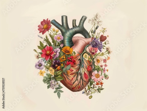 illustration of a human heart decorated with colorful blooming flowers. wallpaper